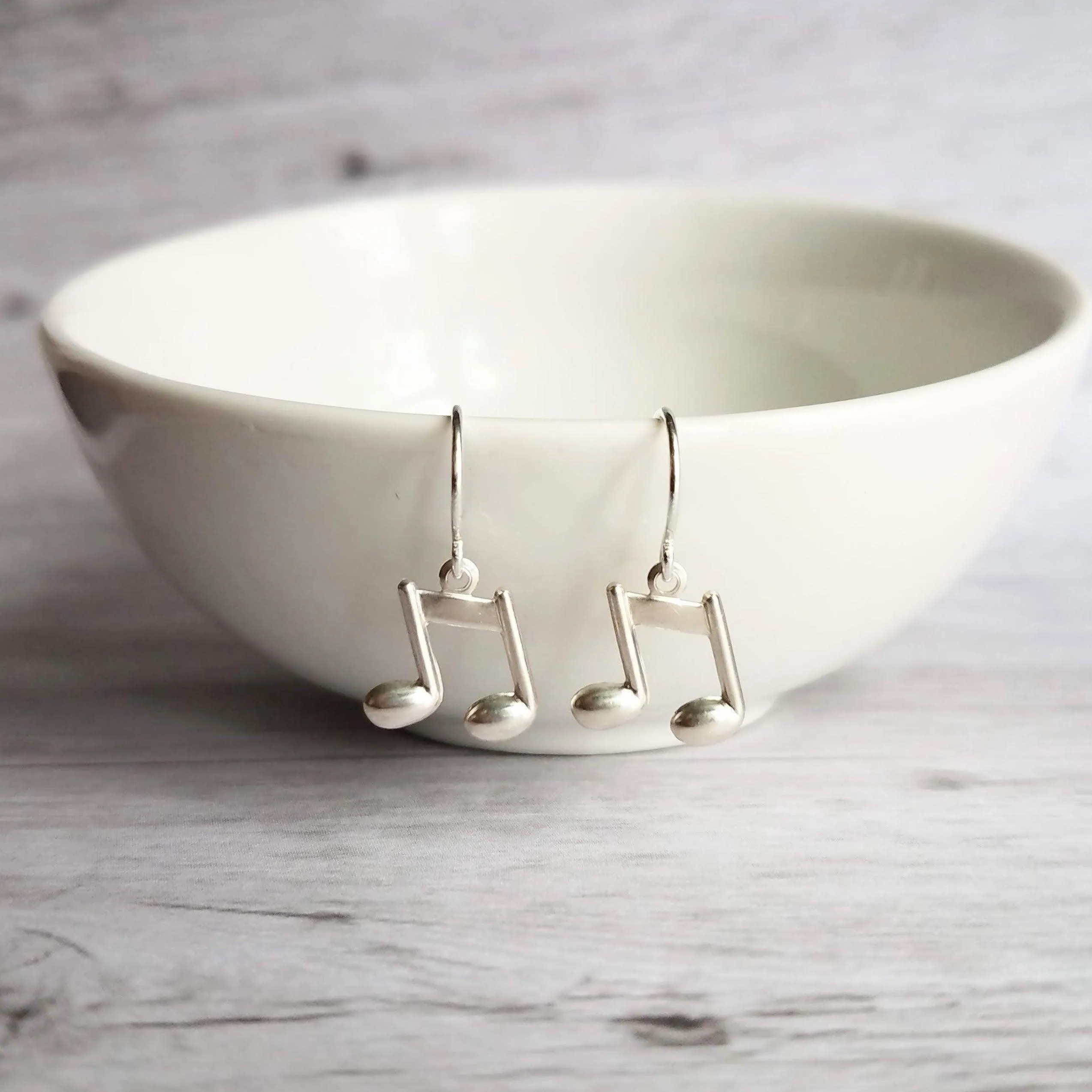Silver Music Note Earrings, small sterling silver dangle, tiny music earring, eighth note charm, singer musician conductor teacher gift