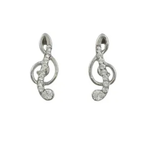 Small Silver Crystal G Clef Music Note Pierced Earring - REC186