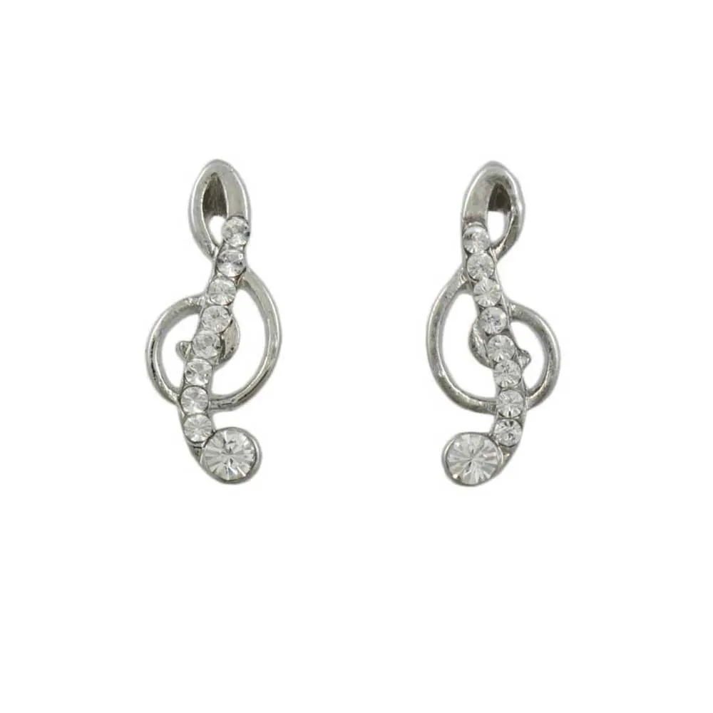 Small Silver Crystal G Clef Music Note Pierced Earring - REC186