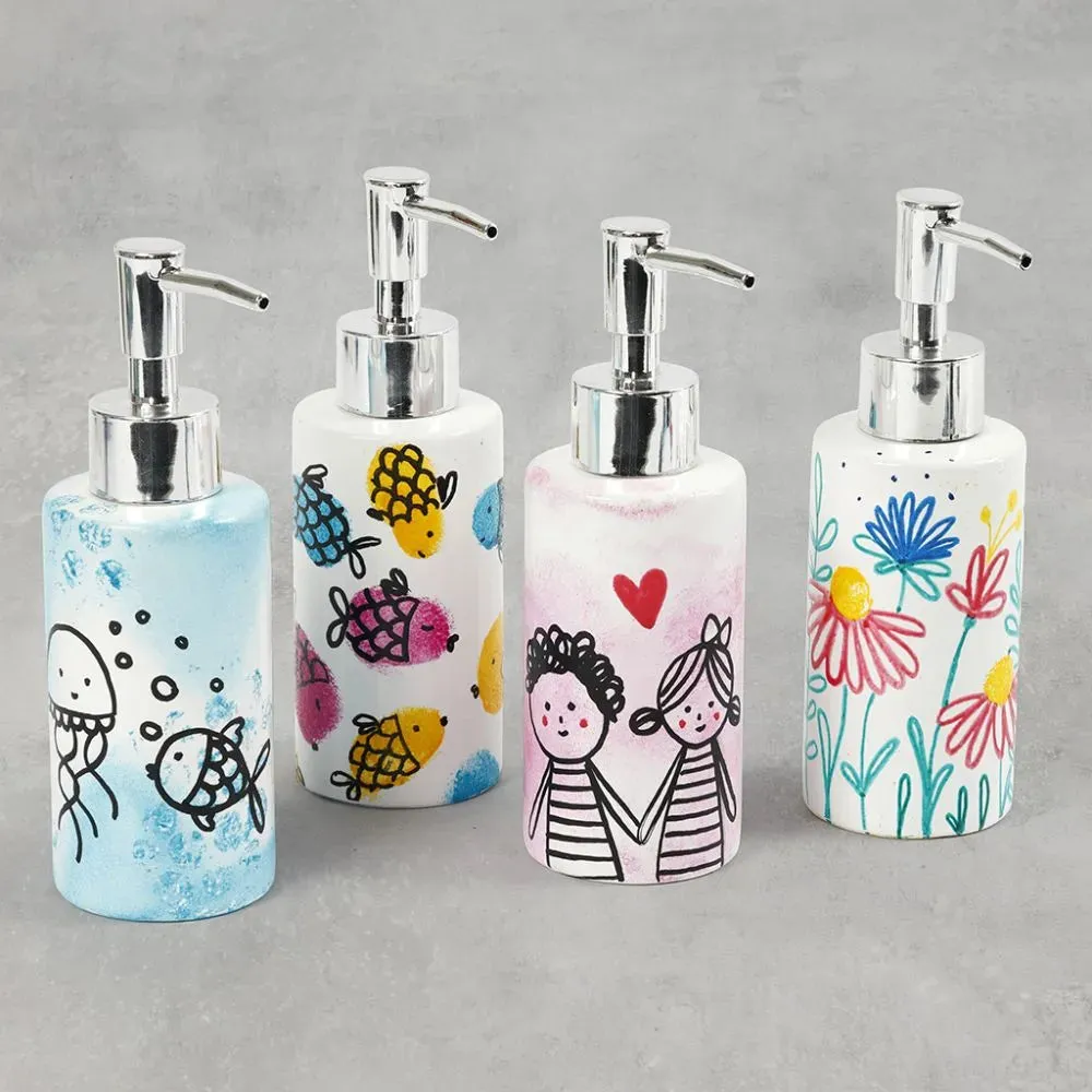 Soap Dispenser Glazed Ceramic Cylindrical 150ml Tall White Glass Metal-Coated Plastic Pump