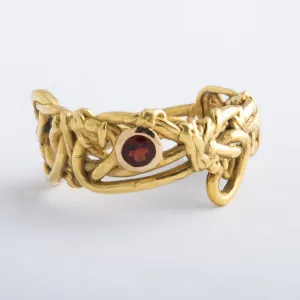 Solid 18K Yellow Gold Garnet Weave Ring