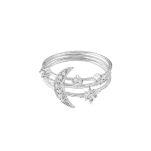 Star & Moon Trio Ring Stack Set in Silver