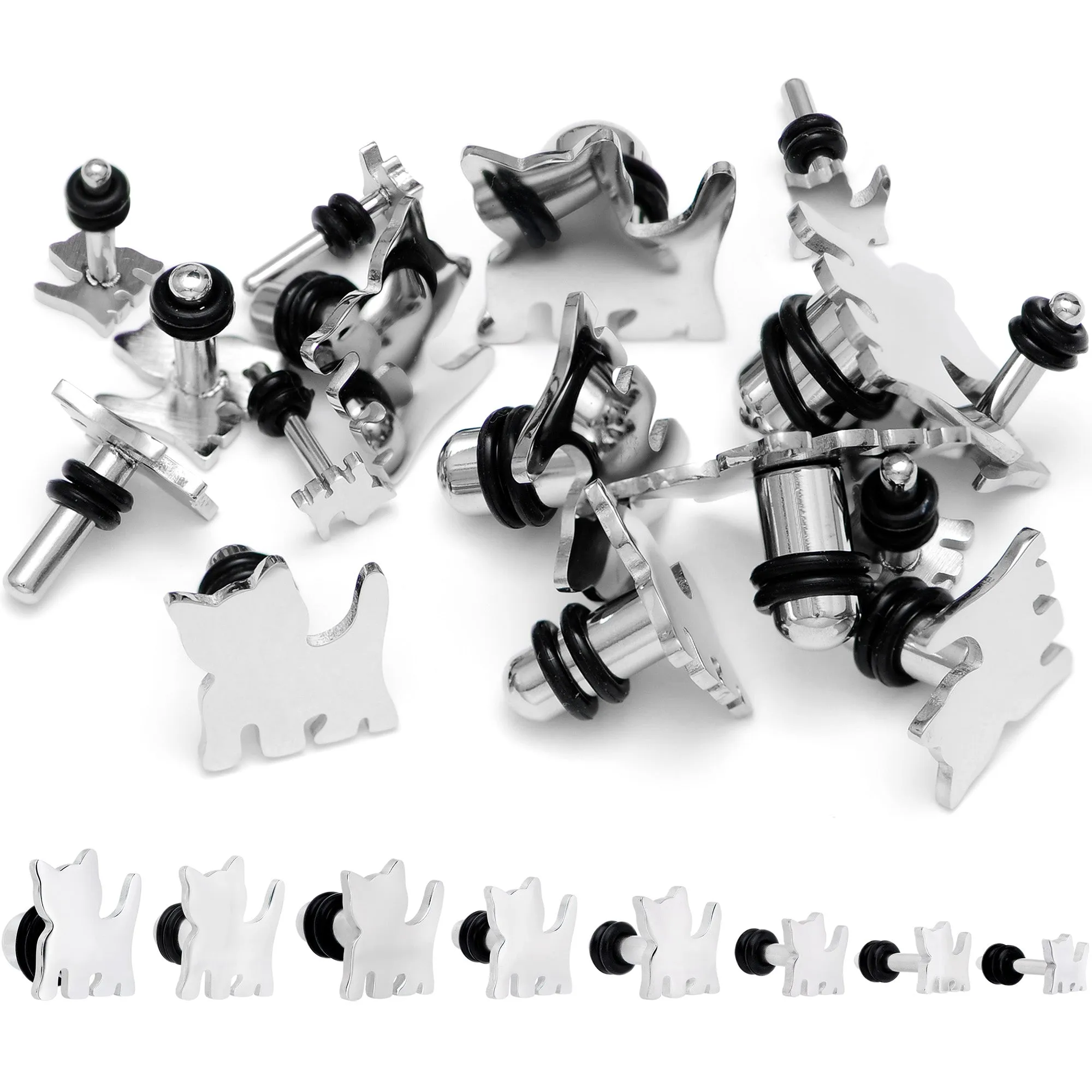 Steel Cat Lover Kitty Cat Single Flare Plug Set 14 Gauge to 0 Gauge