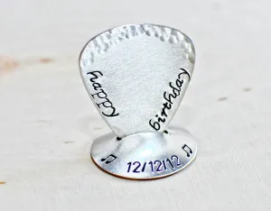 Sterling silver happy birthday guitar pick and guitar pick stand
