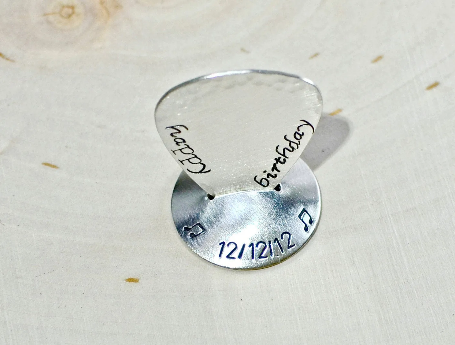 Sterling silver happy birthday guitar pick and guitar pick stand