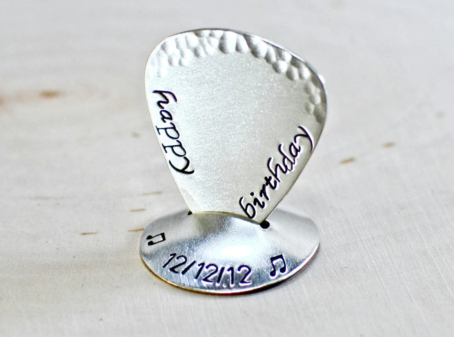Sterling silver happy birthday guitar pick and guitar pick stand