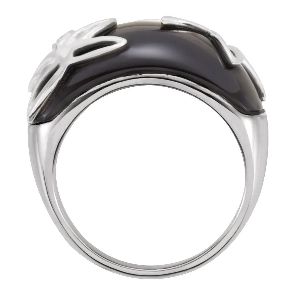 Sterling Silver Onyx & Diamond Accented Floral-Inspired Ring, Size 7