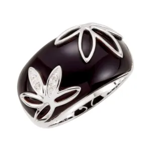 Sterling Silver Onyx & Diamond Accented Floral-Inspired Ring, Size 7
