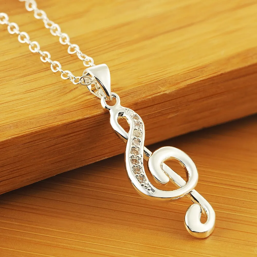 Treble Clef Necklace & Pendant 925 Sterling Silver 18 Inches AAA Zircon