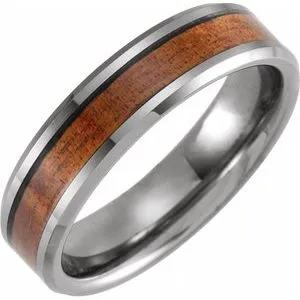 Tungsten 6 mm Beveled-Edge Band with Acacia Wood Inlay Size 12