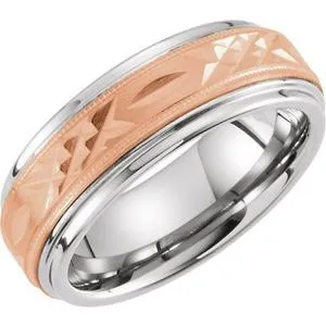 Tungsten & 10K Rose 8 mm Diamond Cut Milgrain Band Size 10