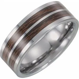Tungsten Flat Band with Carbon Fiber & Wood Inlay Size 10.5
