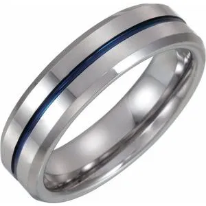 Tungsten Grooved Band with Blue Enamel Size 10.5