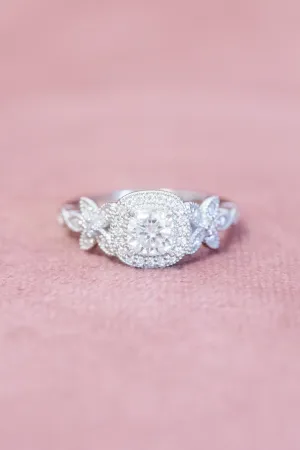 Vintage Inspired Cushion Cut Halo Moissanite Ring Floral Motif