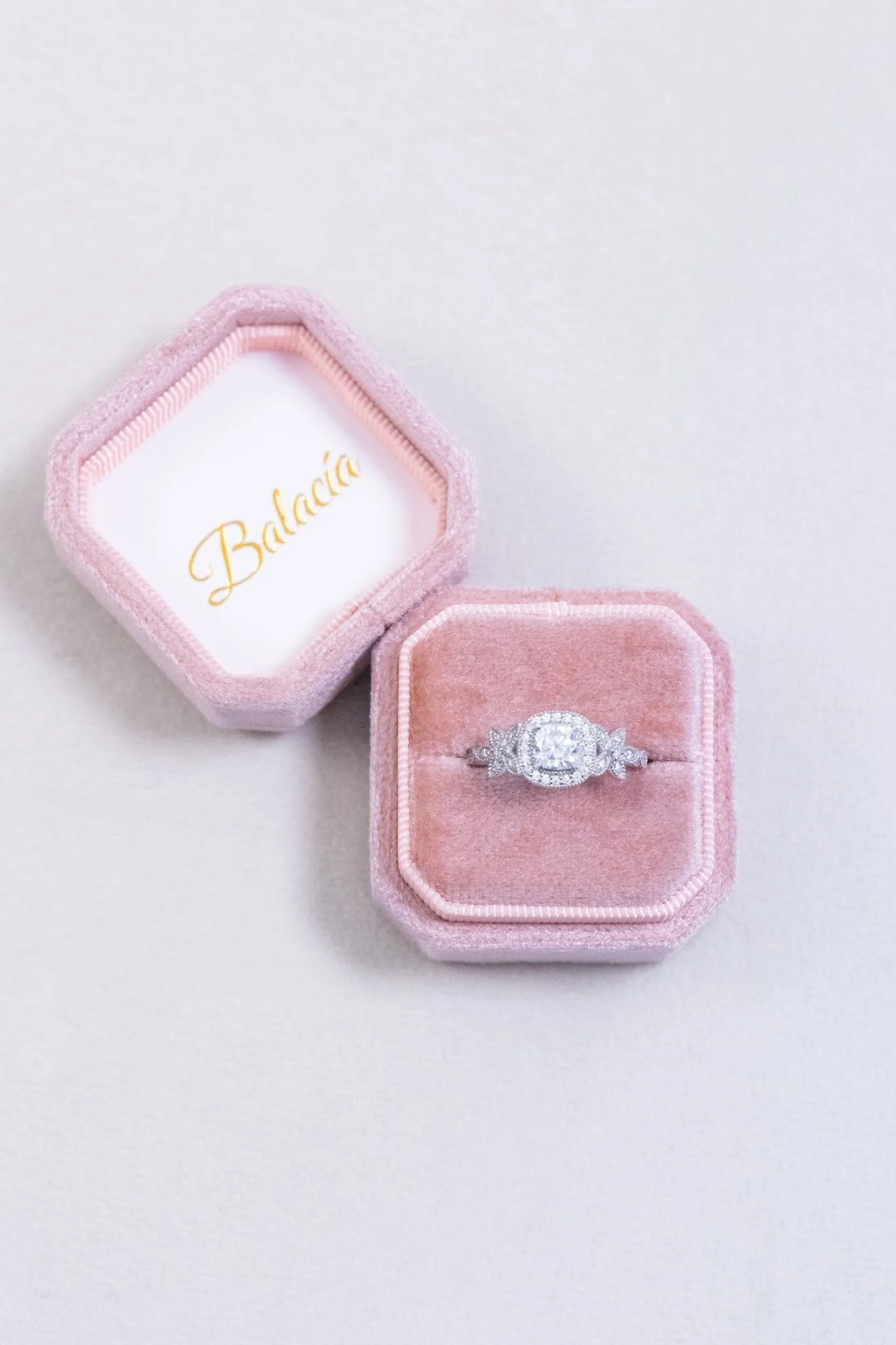 Vintage Inspired Cushion Cut Halo Moissanite Ring Floral Motif