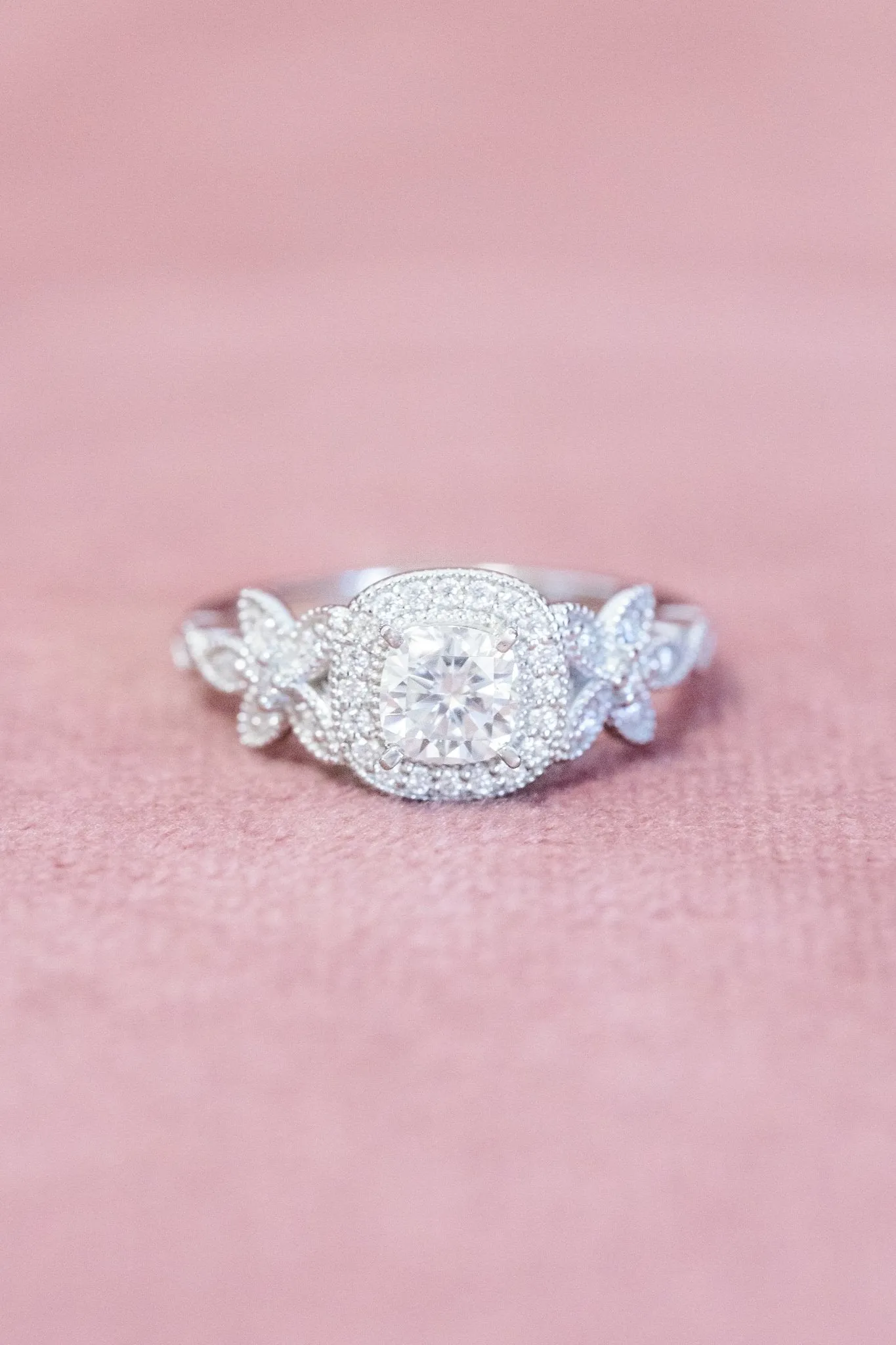 Vintage Inspired Cushion Cut Halo Moissanite Ring Floral Motif