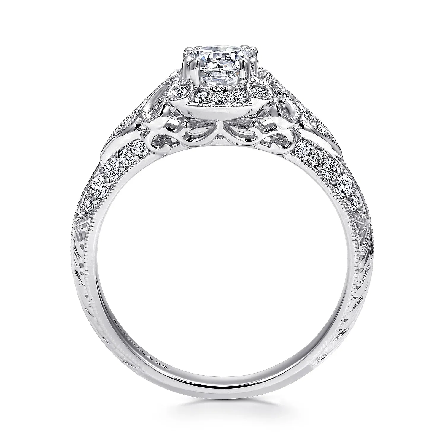 Vintage Inspired Round Diamond Halo Engagement Ring Mounting
