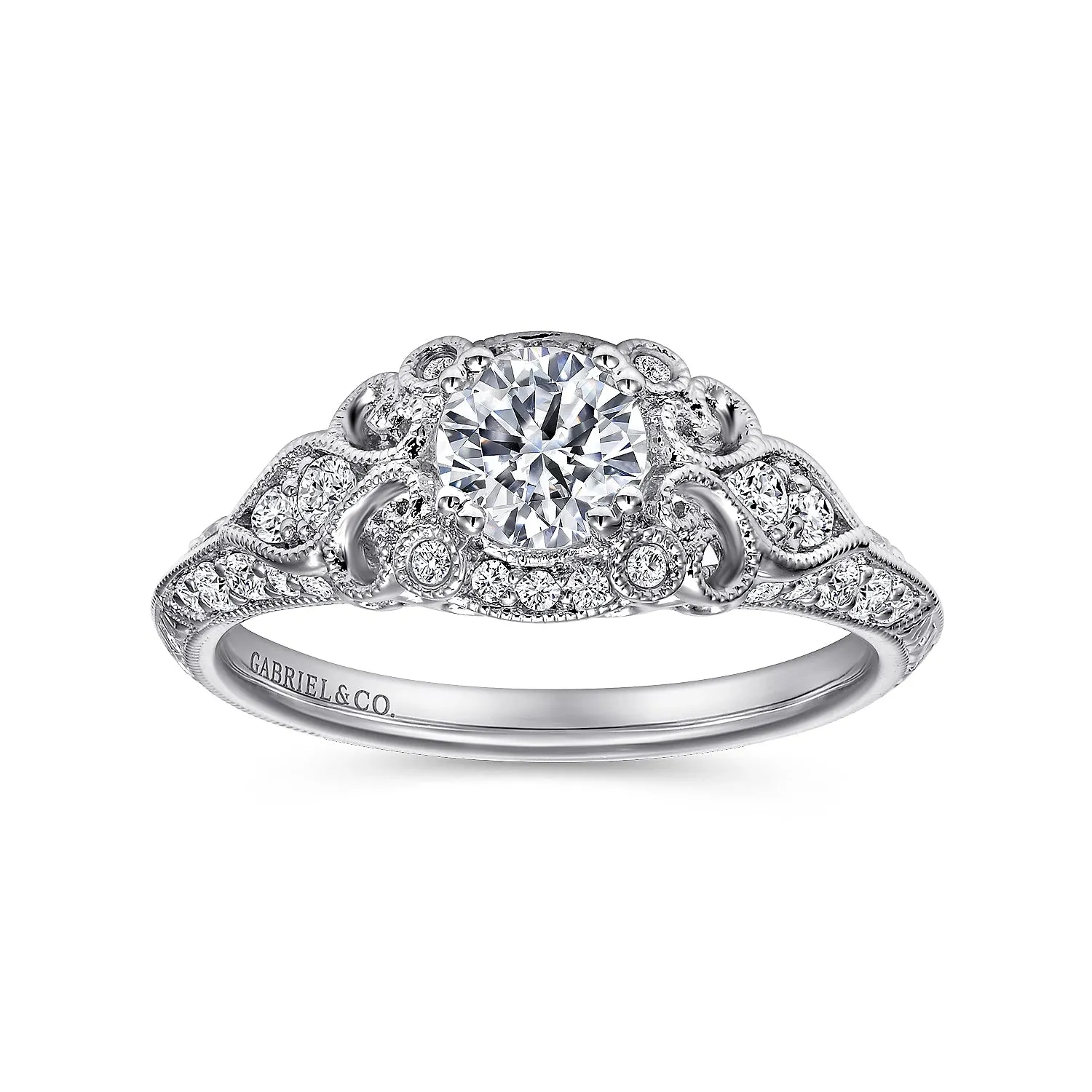 Vintage Inspired Round Diamond Halo Engagement Ring Mounting