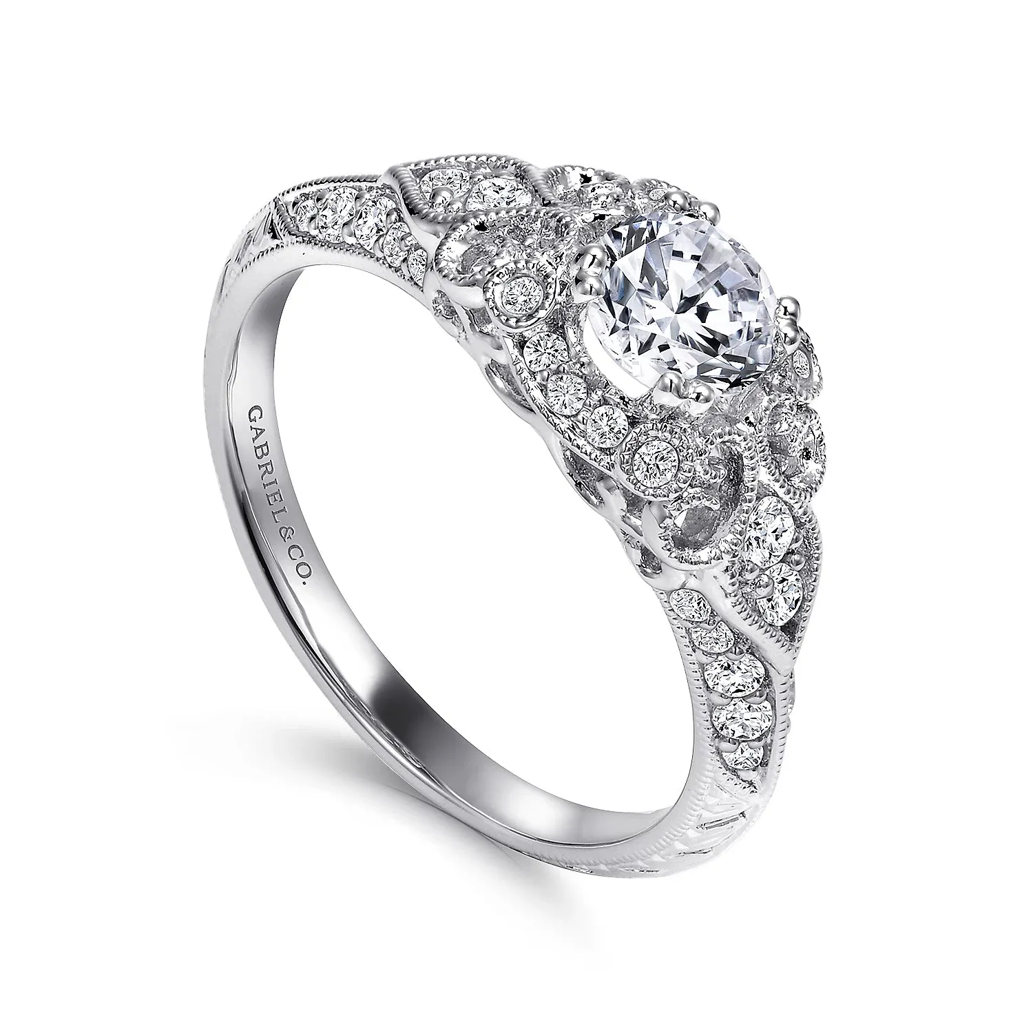 Vintage Inspired Round Diamond Halo Engagement Ring Mounting