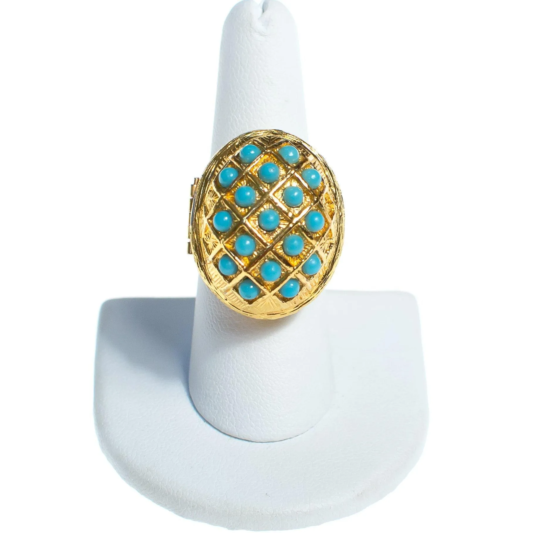 Vintage Turquoise Bead Gold Locket Statement Ring