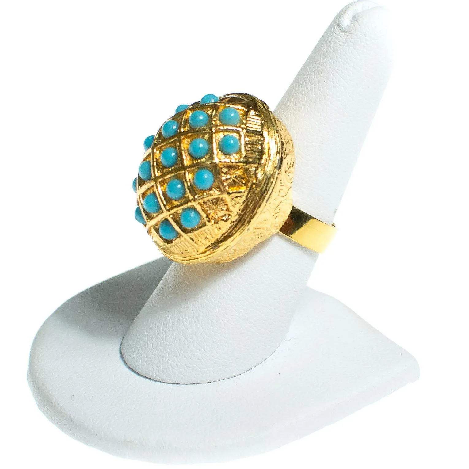 Vintage Turquoise Bead Gold Locket Statement Ring