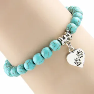Vintage Turquoise Stone Bracelet with Dog Paws in Heart