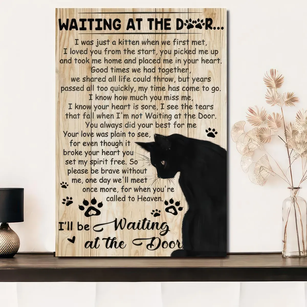 Waiting By The Door, Canvas Poster, Modern Art, Pet Love and Loss, Memory Of A Black Cat, No Frame