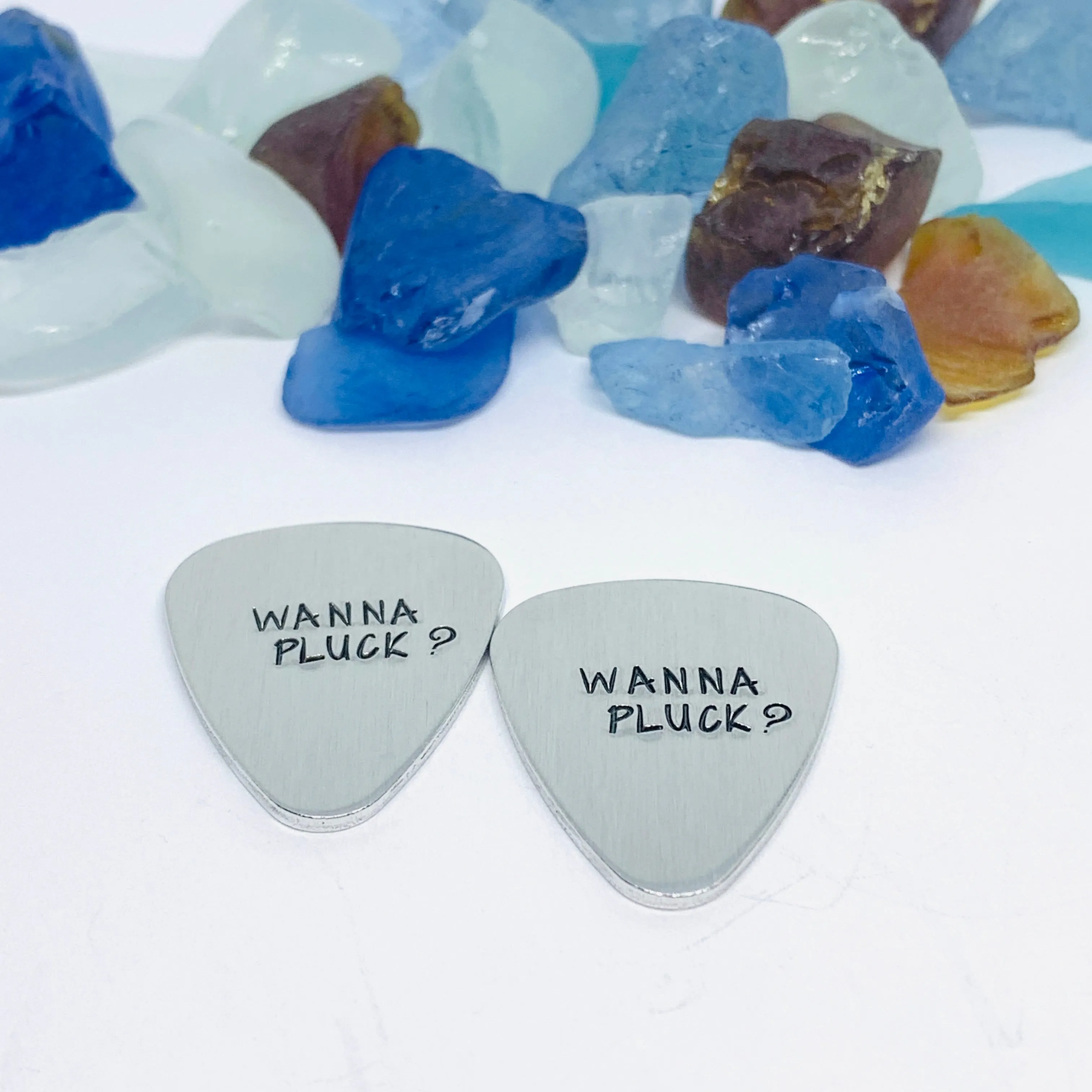 Wanna Pluck? - Hand Stamped Metal Guitar Pick | Guitar Pick - Pick Up Line | Wanna Pluck? | Conversation Starter