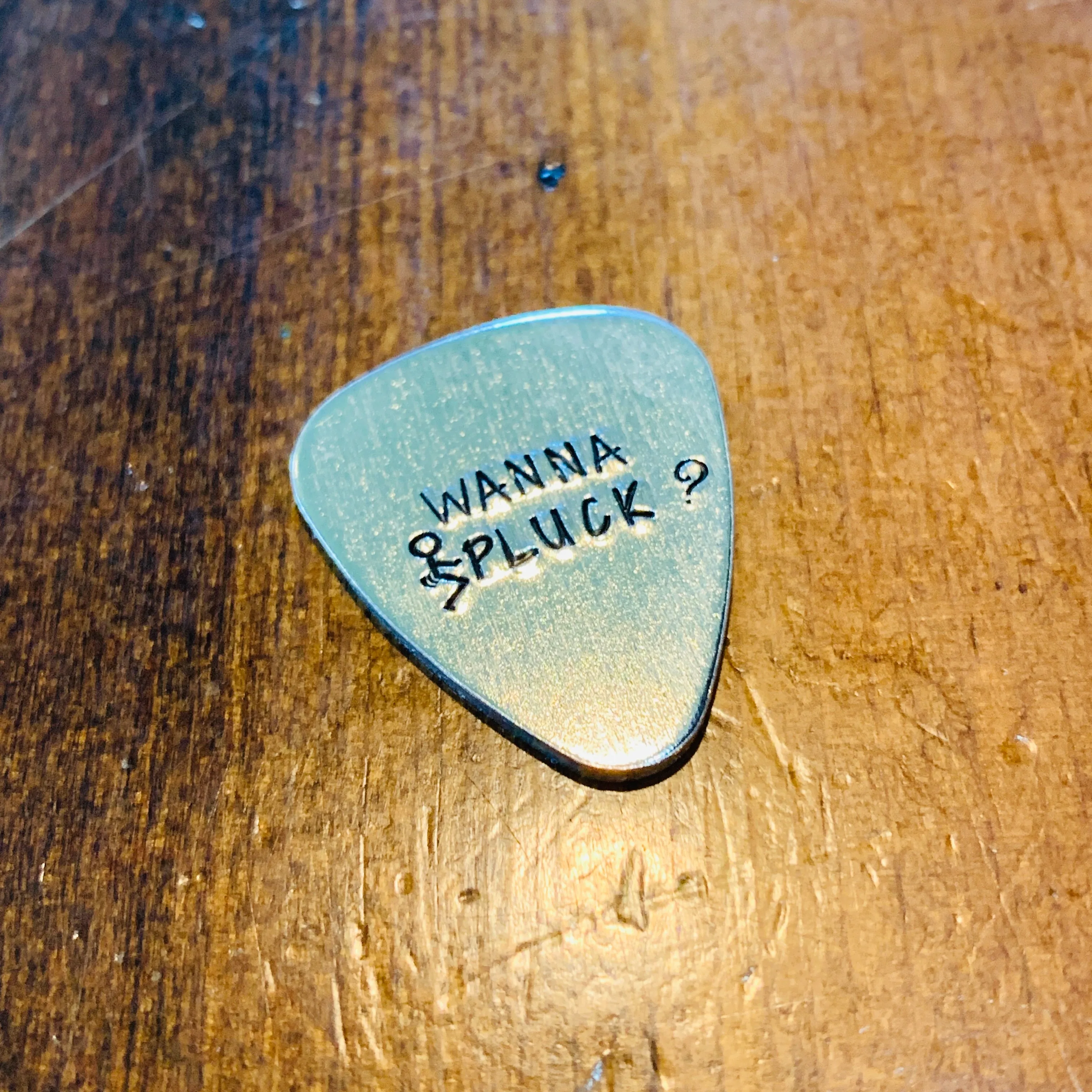 Wanna Pluck? - Hand Stamped Metal Guitar Pick | Guitar Pick - Pick Up Line | Wanna Pluck? | Conversation Starter