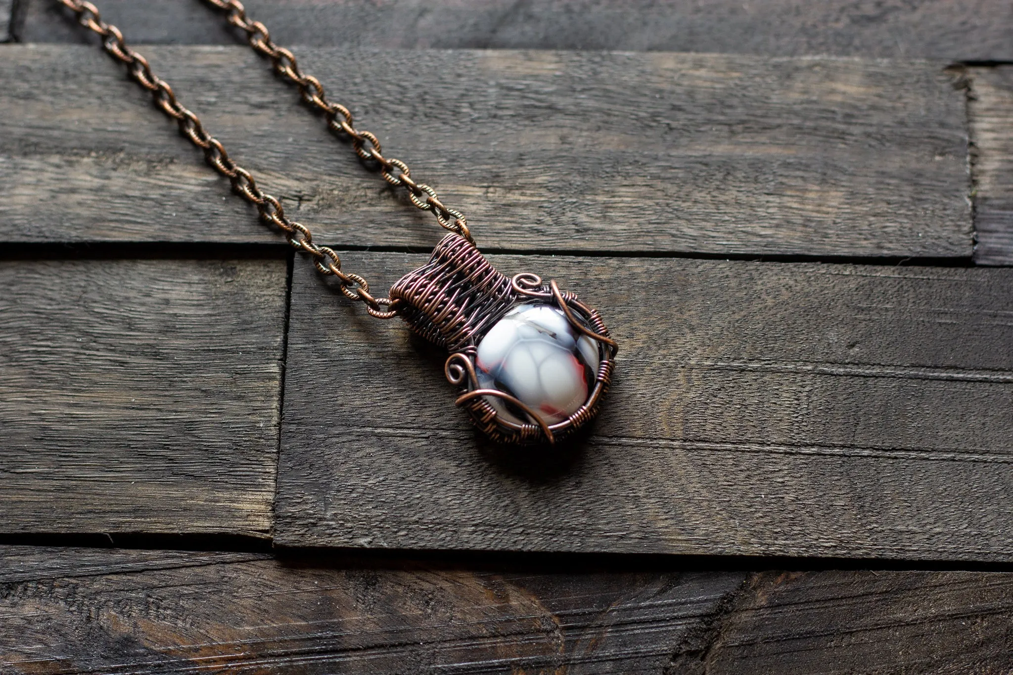 White "Crackle" Fused Glass Pendant with Copper Wire Wrapping