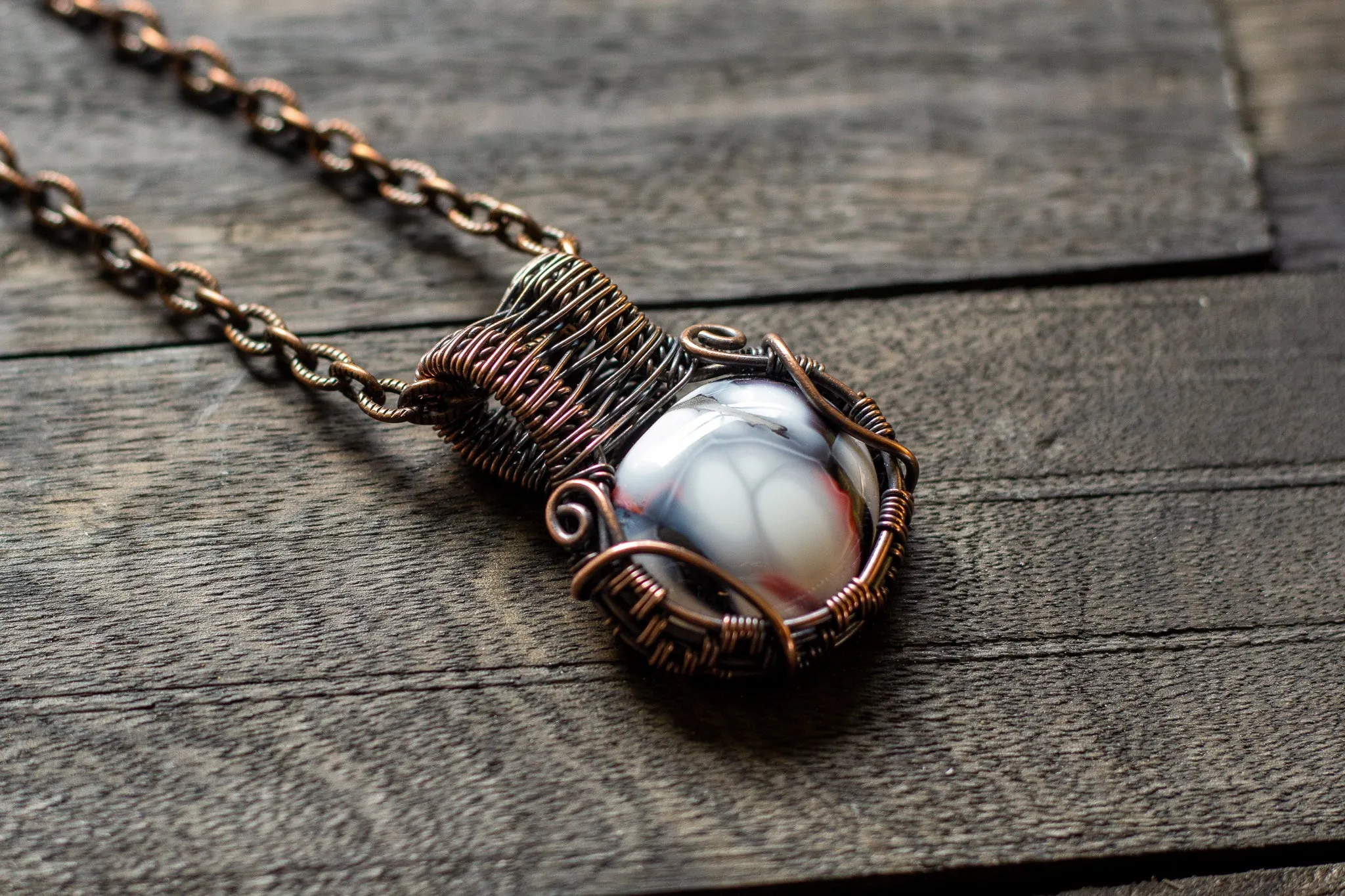White "Crackle" Fused Glass Pendant with Copper Wire Wrapping