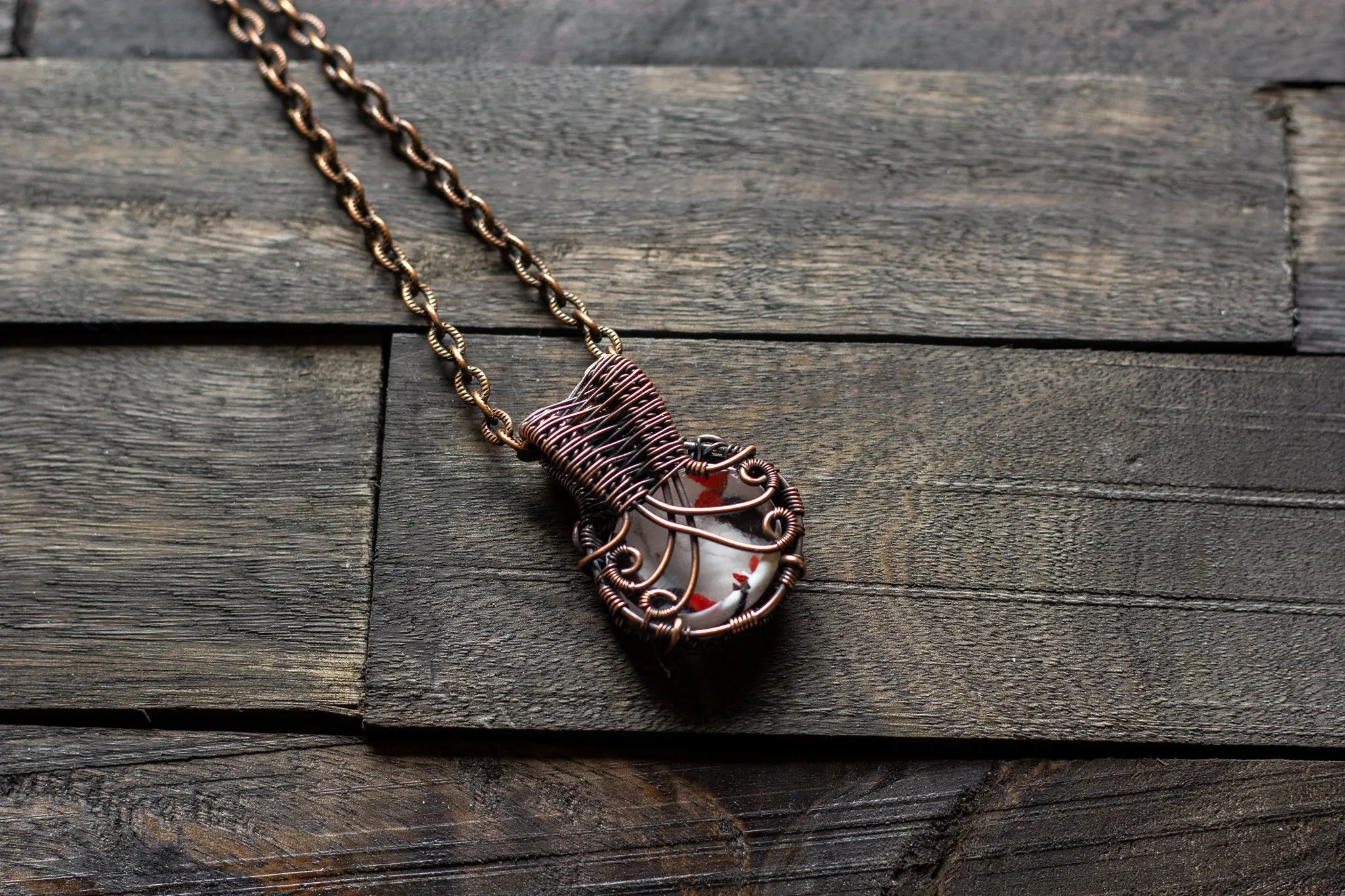 White "Crackle" Fused Glass Pendant with Copper Wire Wrapping