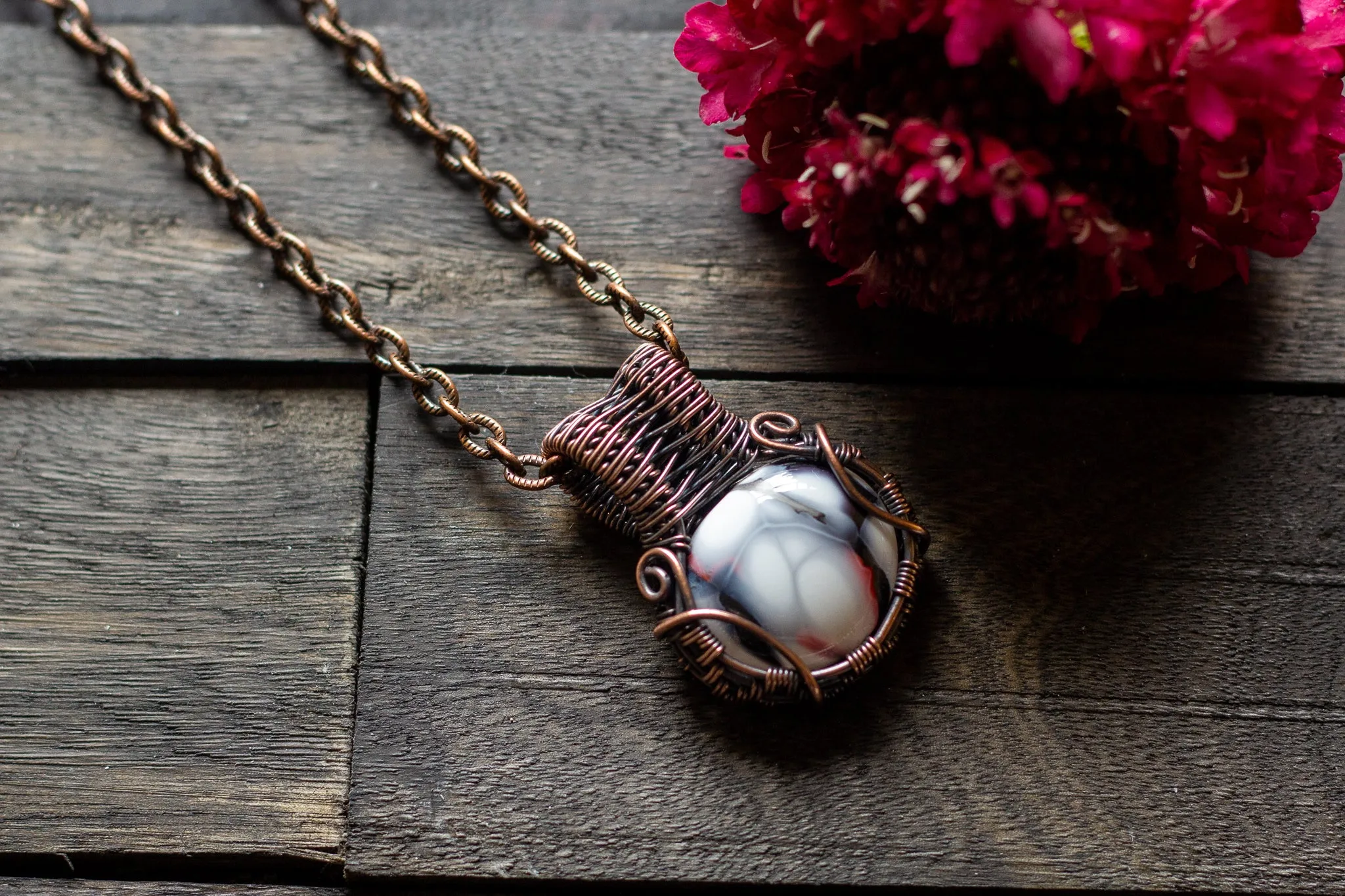 White "Crackle" Fused Glass Pendant with Copper Wire Wrapping