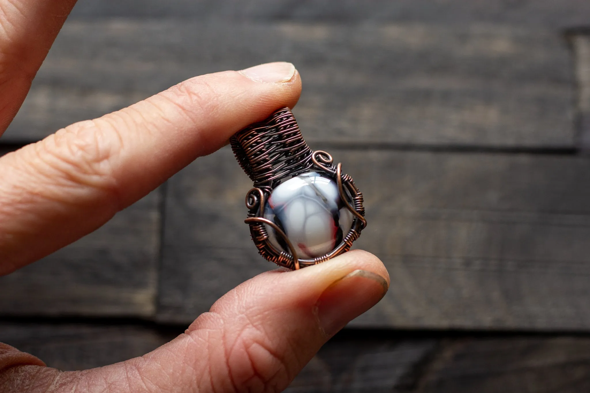 White "Crackle" Fused Glass Pendant with Copper Wire Wrapping