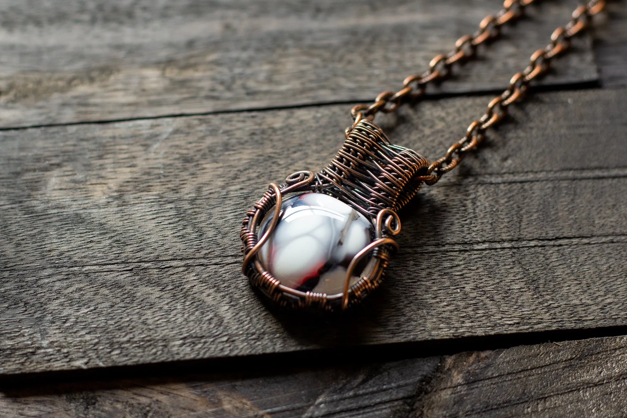 White "Crackle" Fused Glass Pendant with Copper Wire Wrapping