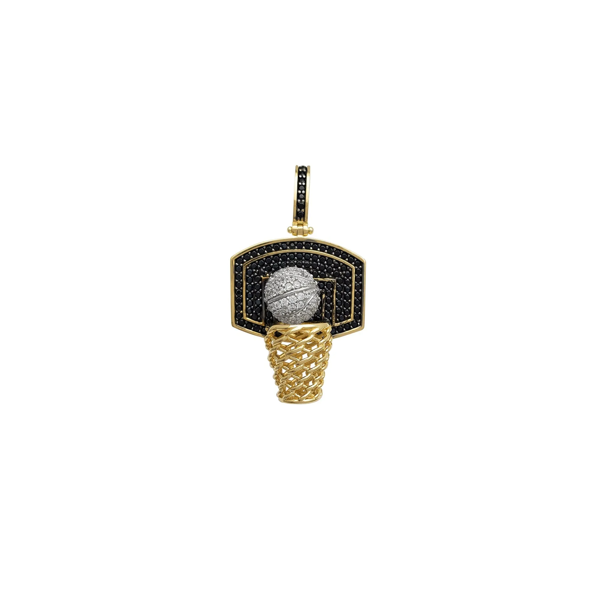 Zirconia 3D Basketball Board, Hoop & Ball Pendant (14K)