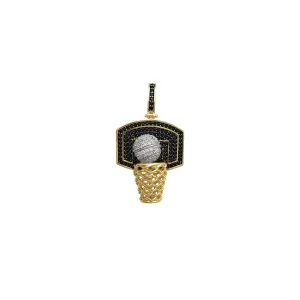 Zirconia 3D Basketball Board, Hoop & Ball Pendant (14K)